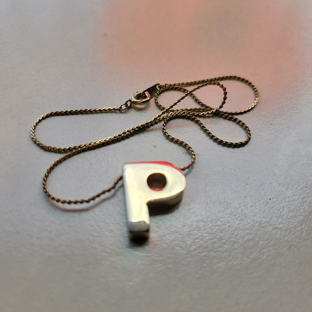 Gold Tone Metal Initial P Pendant Gold Minimalist Block Letter Necklace - Picture 5 of 5
